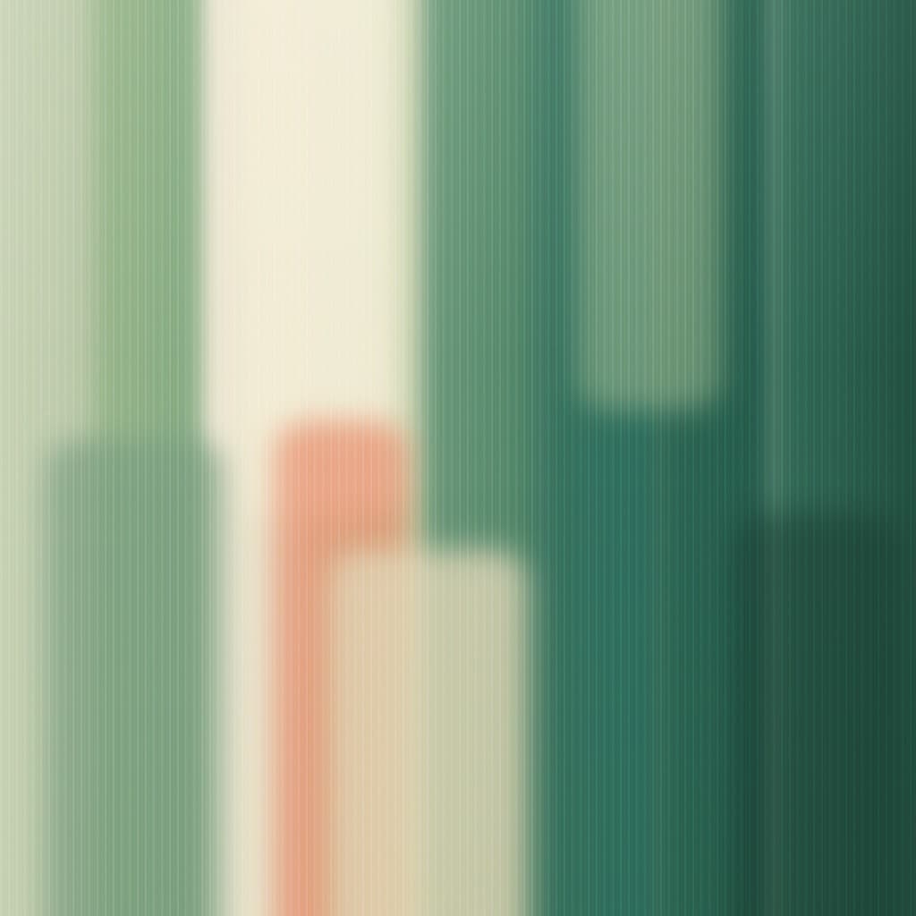 Abstract brushed painting in deep greens, sage, and cream with a single coral stroke.