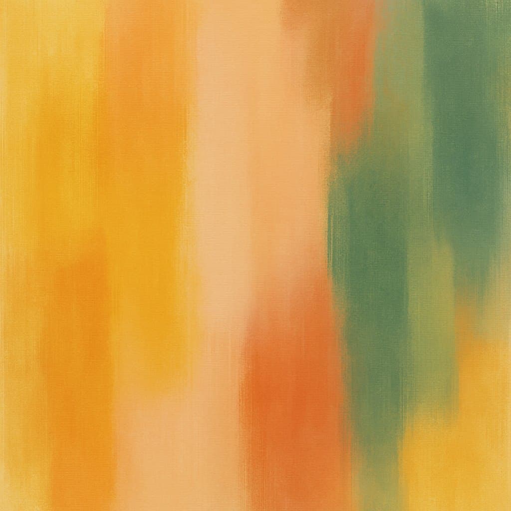 Abstract brushed painting in warm yellows, coral, and green, echoing the brand palette.